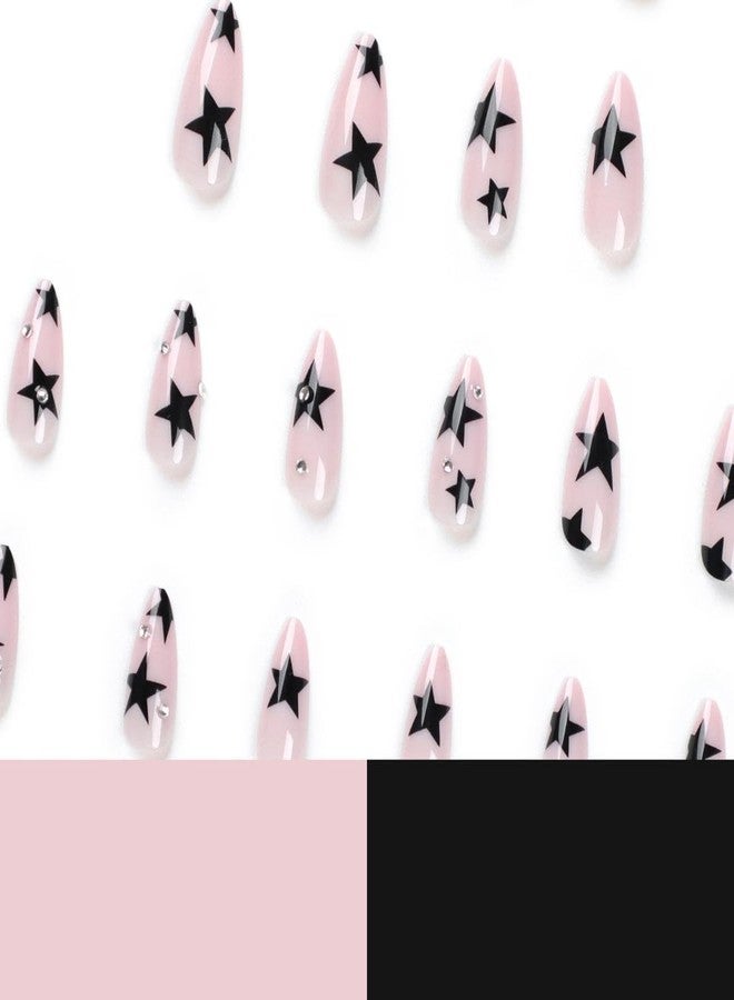 Maigitur Black Star Press on Nails Medium Almond Fake Nails with Design Rhinestone Stick on Nails Acrylic Nail Star False Nail Glossy Natural Nude Glue on Nail for Women Girls Manicure 24Pcs… - Image 4